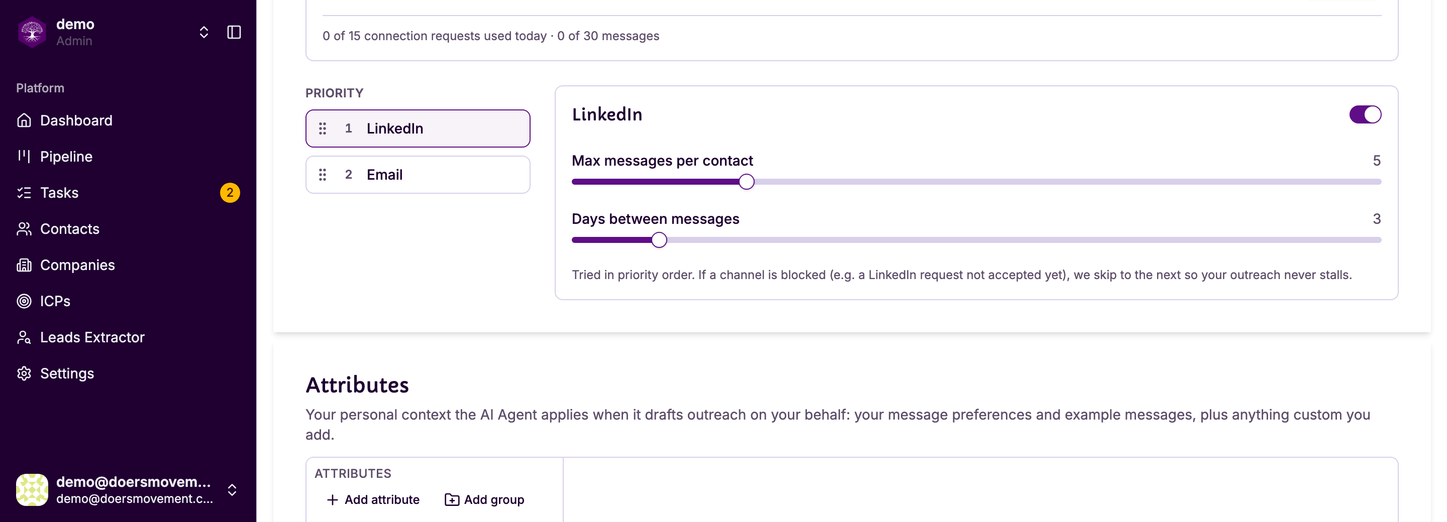 The channel priority list, with LinkedIn first and Email second