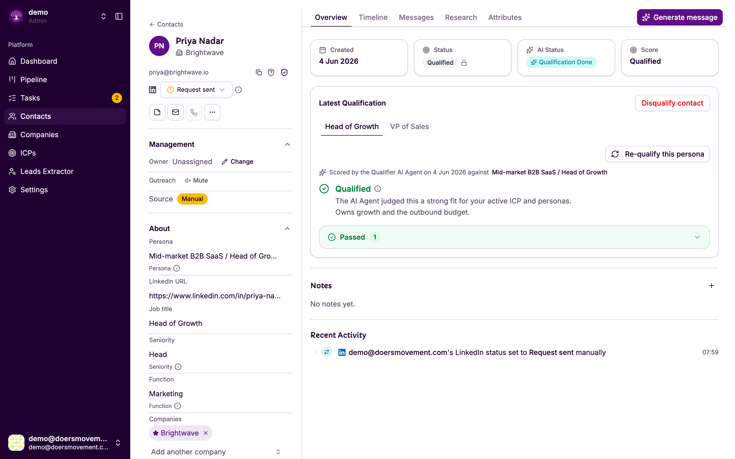 A contact showing Request sent