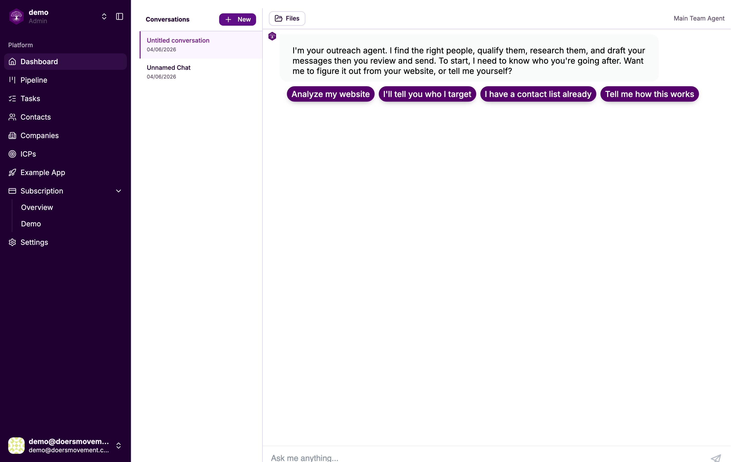 Chatting with your main AI Agent on the Dashboard