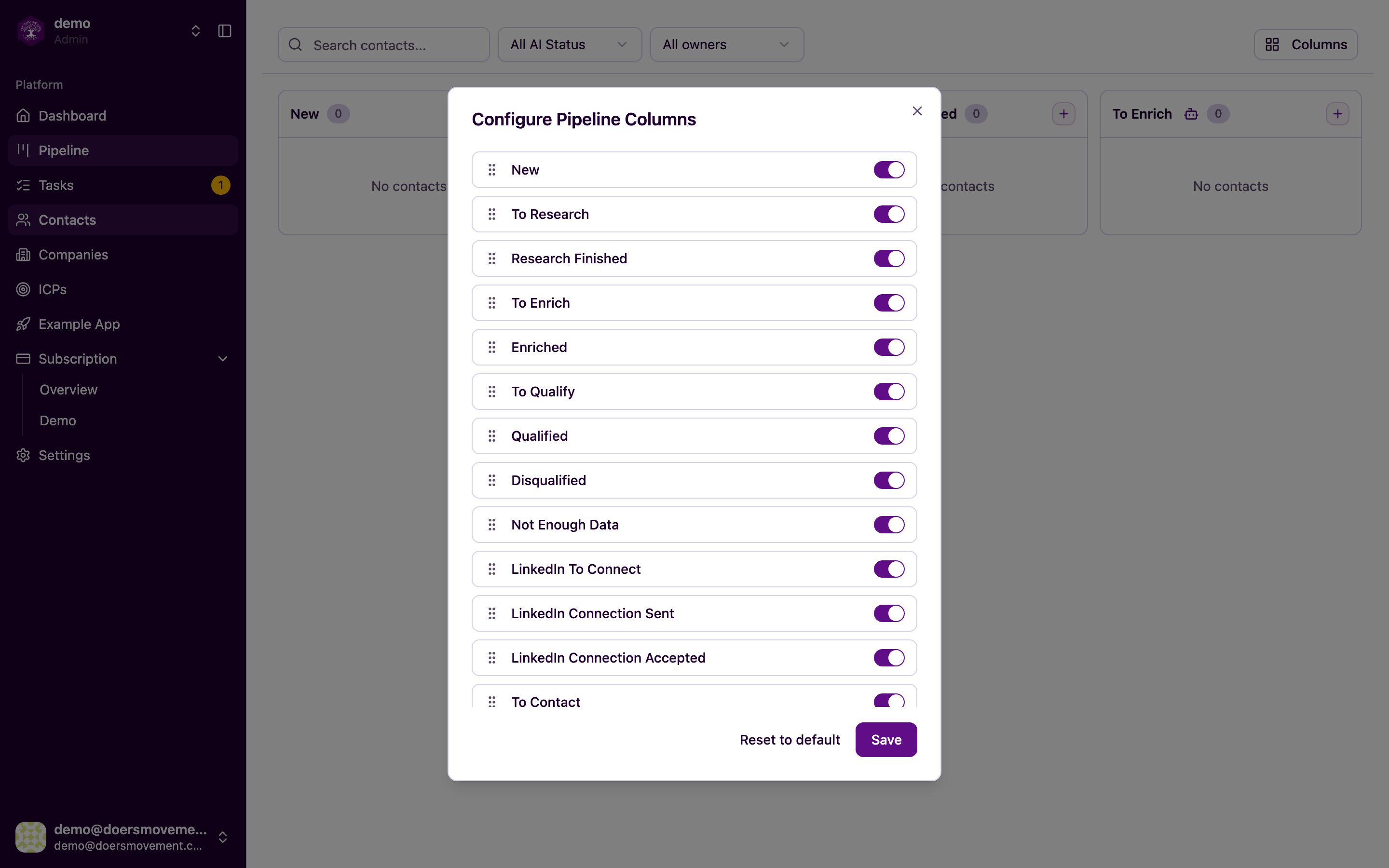 Configure which stage columns show and their order
